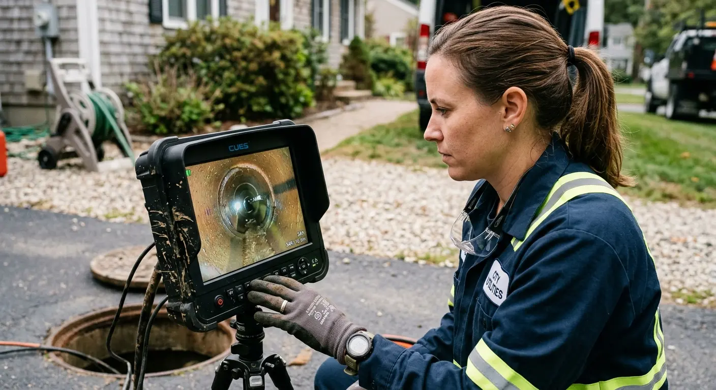 Technician reviewing sewer camera inspection footage in Alpharetta