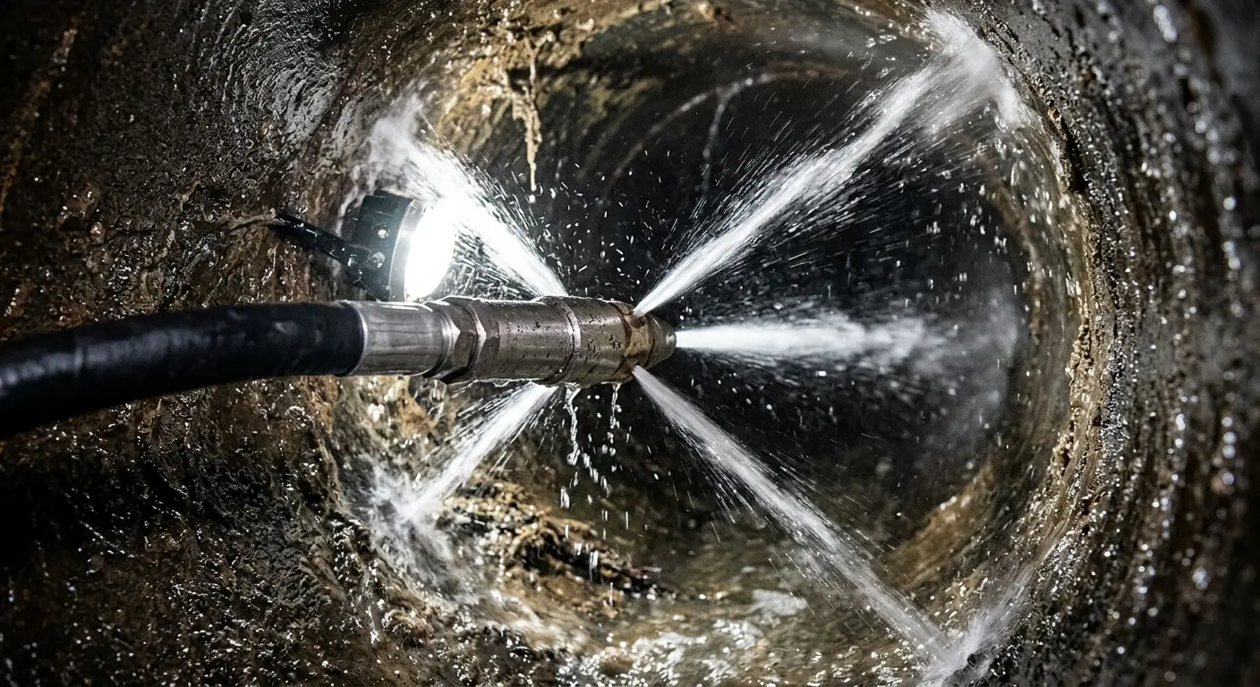 High-pressure hydro jetting nozzle cleaning sewer pipe for Emergency Drain Service in Alpharetta