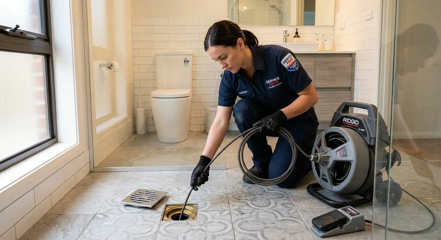 Technician clearing a bathroom floor drain for Drain Repair in Alpharetta